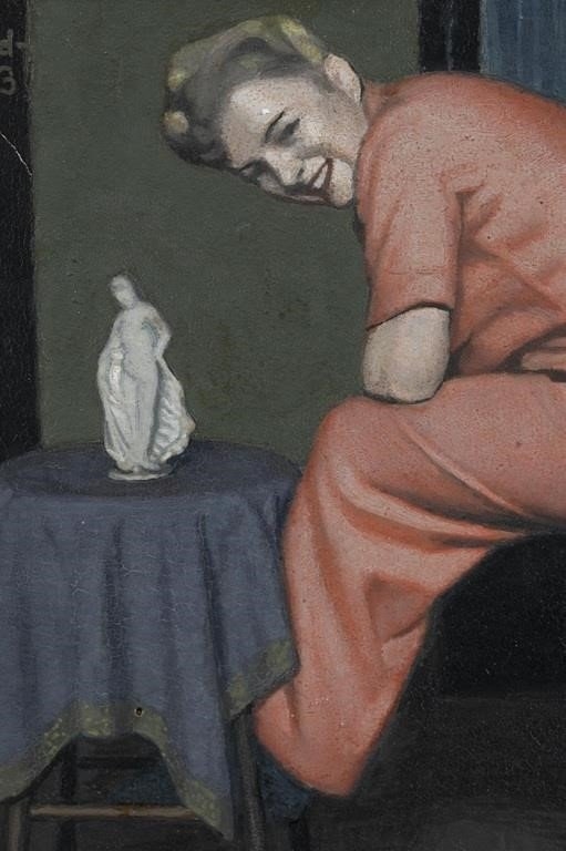Artwork by Robert Knight Ryland, woman in pink leaning on stool, Made of Oil on canvas