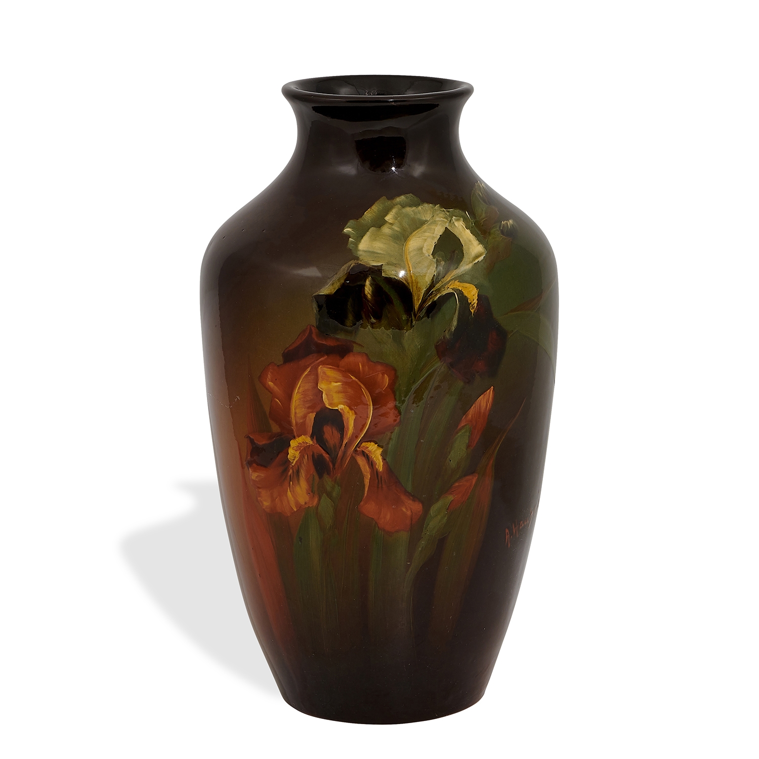 Artwork by Albert Haubrich, Louwelsa earthenware vase with life-size iris decoration, Made of glazed ceramic