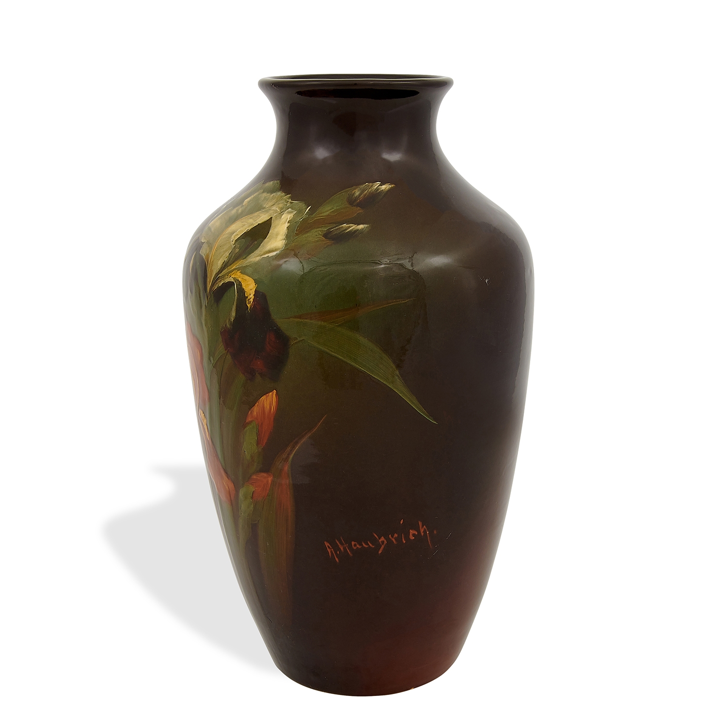 Artwork by Albert Haubrich, Louwelsa earthenware vase with life-size iris decoration, Made of glazed ceramic