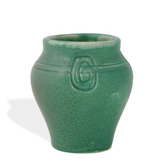 Z-Line vase with incised Native American designs under a mottled glaze - Albert Cyrus Munson