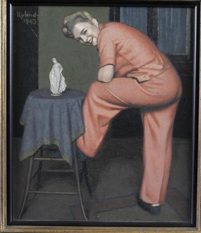 Artwork by Robert Knight Ryland, woman in pink leaning on stool, Made of Oil on canvas