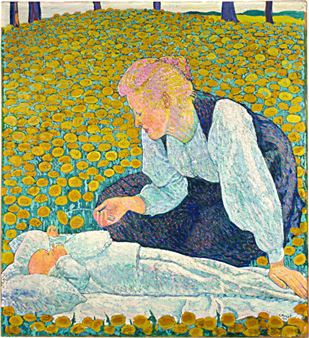 Mutter und Kind auf blumenübersäter Wiese - Cuno Amiet