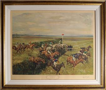 A dynamic horse race scene captured in a loose, impressionistic style.