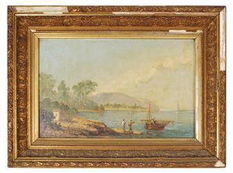 Sailing boat and figures in a bay - E. Parraud