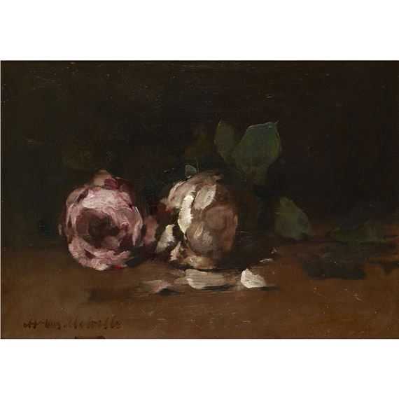 A STILL LIFE OF ROSES ON A LEDGE by Arthur Melville