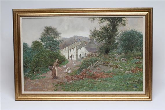Hill Farm with Girl and Geese in the Foreground - J. M. Southern