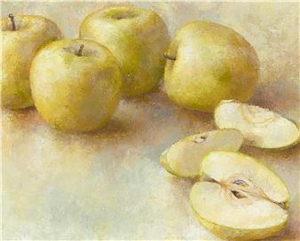 A soft, impressionistic still life of yellow apples, some whole and one sliced open.