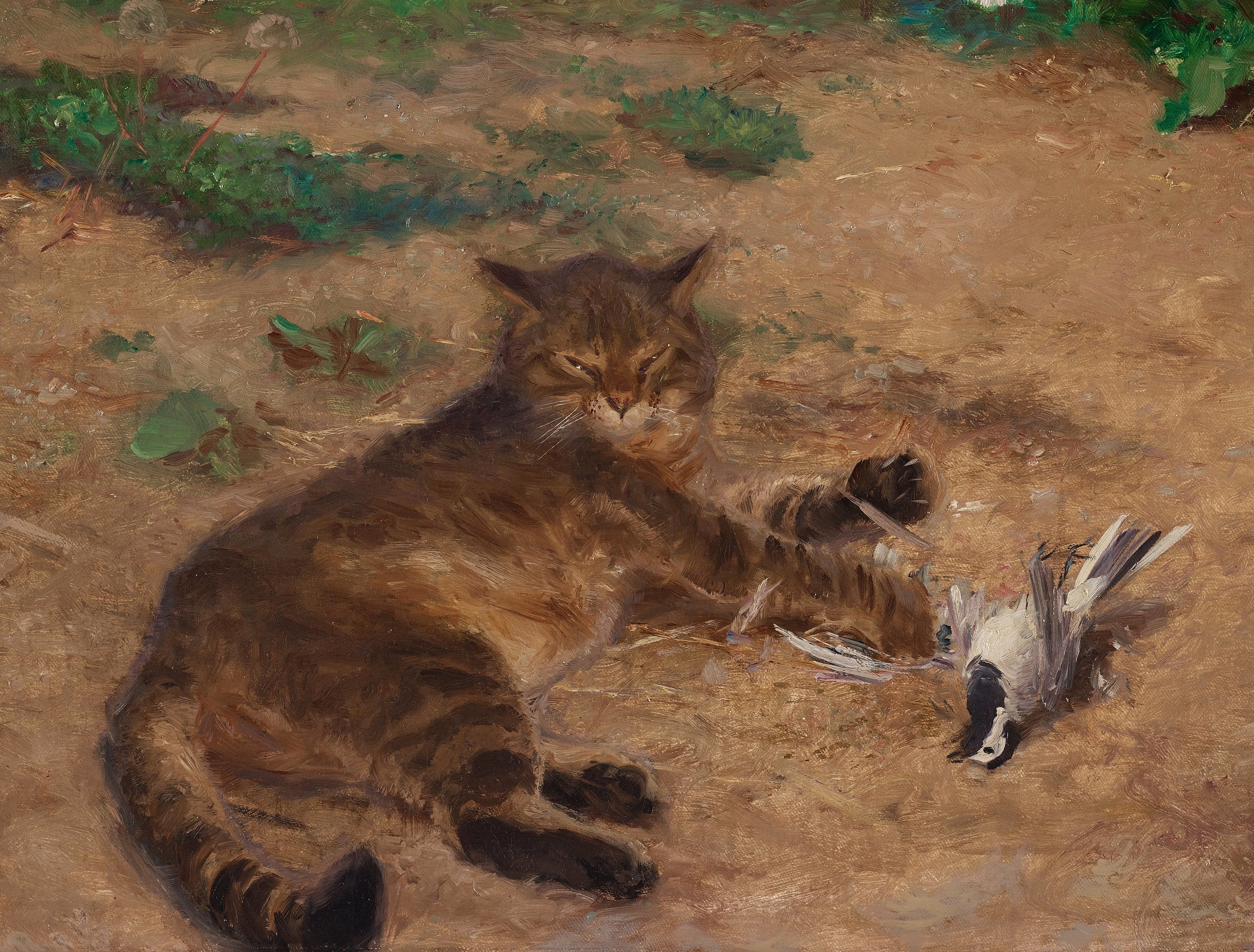 Artwork by Bruno Liljefors, "Katt och sädesärla" (Cat with wagtail), Made of Canvas