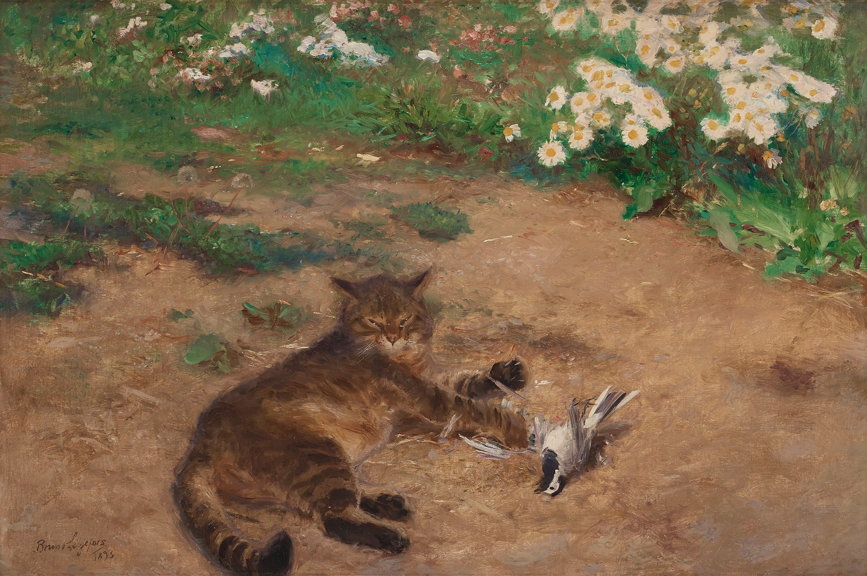 Artwork by Bruno Liljefors, "Katt och sädesärla" (Cat with wagtail), Made of Canvas