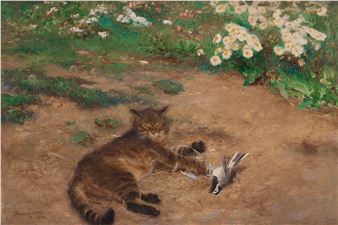 "Katt och sädesärla" (Cat with wagtail) - Bruno Liljefors