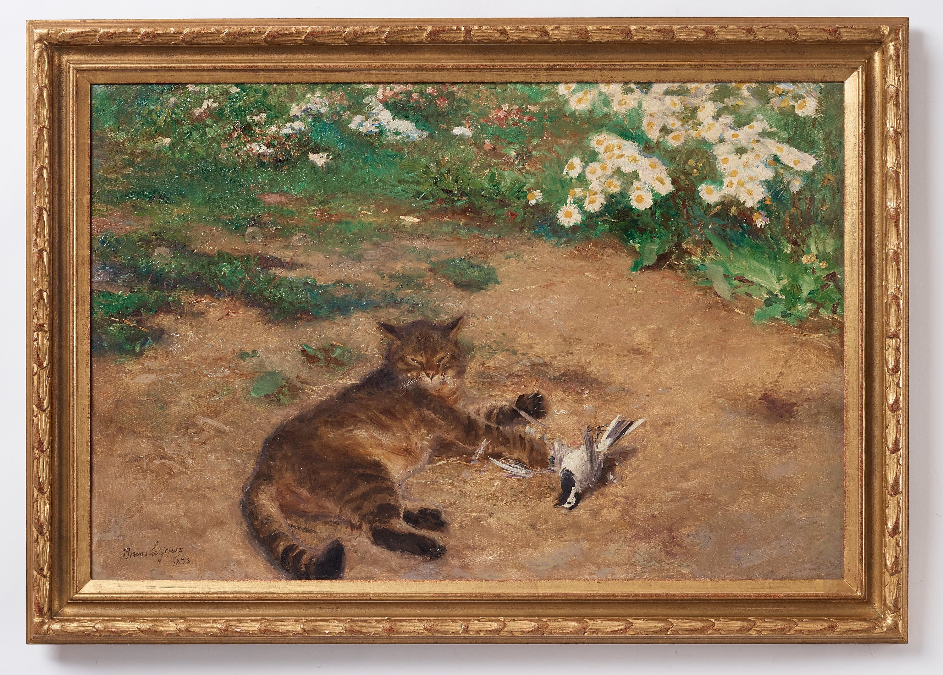 Artwork by Bruno Liljefors, "Katt och sädesärla" (Cat with wagtail), Made of Canvas