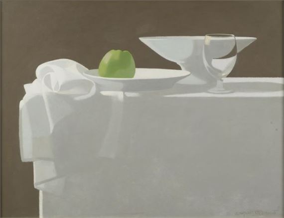 Still life with an apple on an entablature by Claude Dupont-Gomont, dated 1984