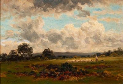 Artwork by Thomas Spinks, Shepherd on A Moor, together with a small oil on panel of Harvesters indistinctly signed B Bagley ?.(2)., Made of oil on board