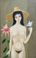 Artwork by Alain Thomas, Cécile au chapeau jaune, Made of oil on isorel