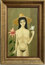 Artwork by Alain Thomas, Cécile au chapeau jaune, Made of oil on isorel