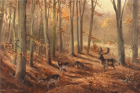 "Damwild in einem Buchenwald" by Karl Hellmut Snethlage