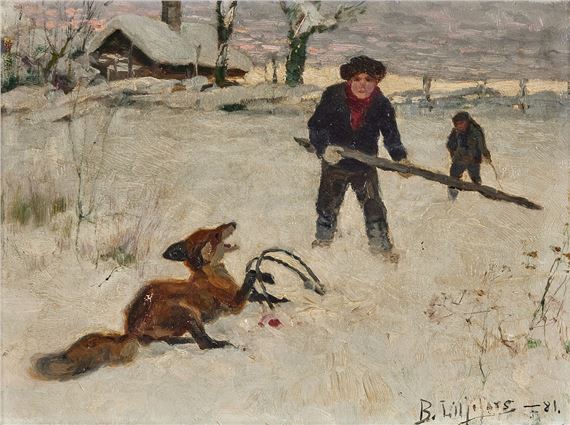 Fångad räv i saxen by Bruno Liljefors, 1881