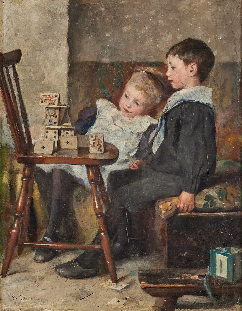 Artwork by Emma Ekwall, Interiör med barn som bygger korthus, Made of Oil on canvas