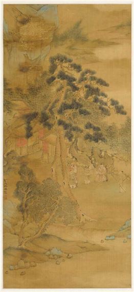 Scholars sitting in the garden of a modest residence. by Qiu Ying, 19th c