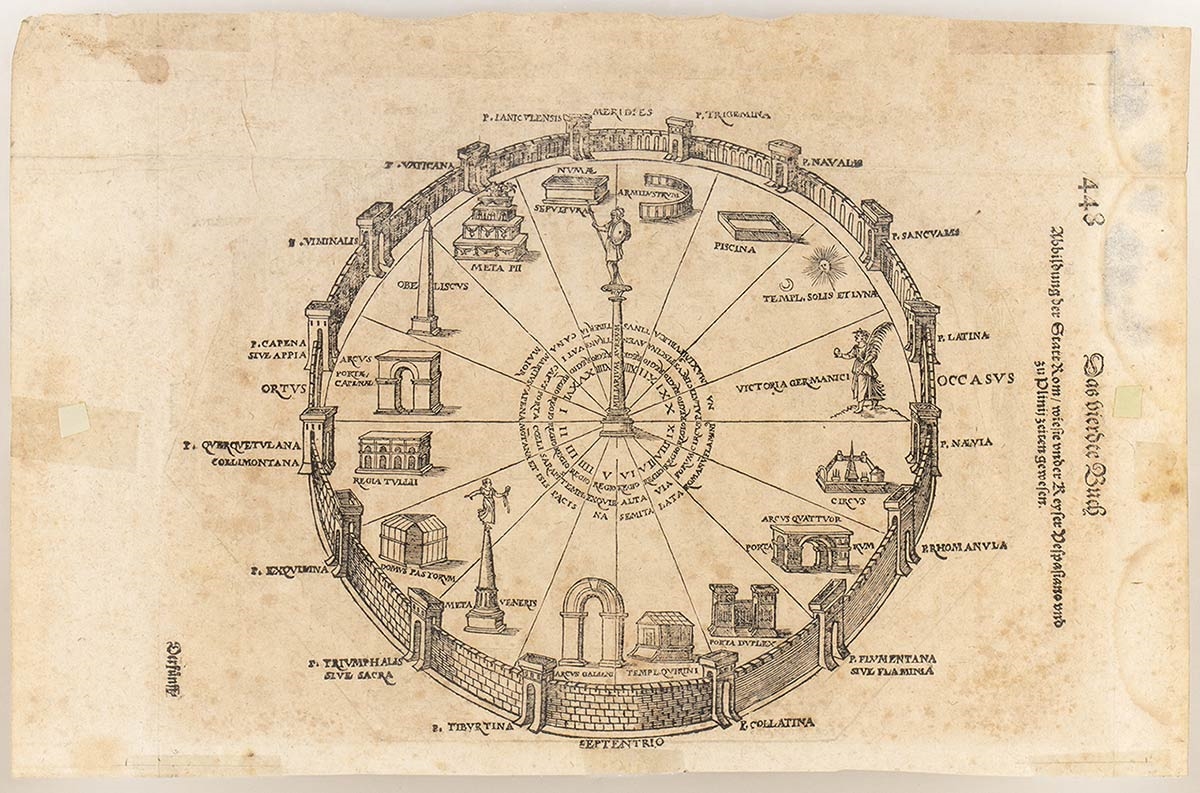 Artwork by Sebastian Münster, Representation of Rome with its gates from 'Cosmografia Universalis', Made of Woodcut