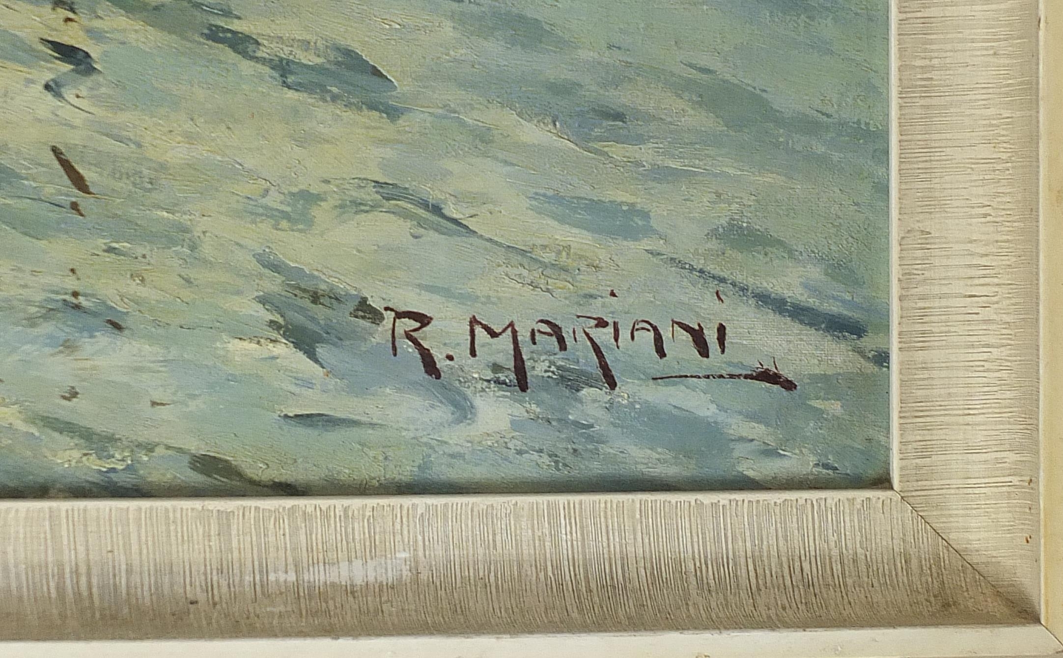 Artwork by R. Mariani, Figures in boats on water, Made of oil on canvas