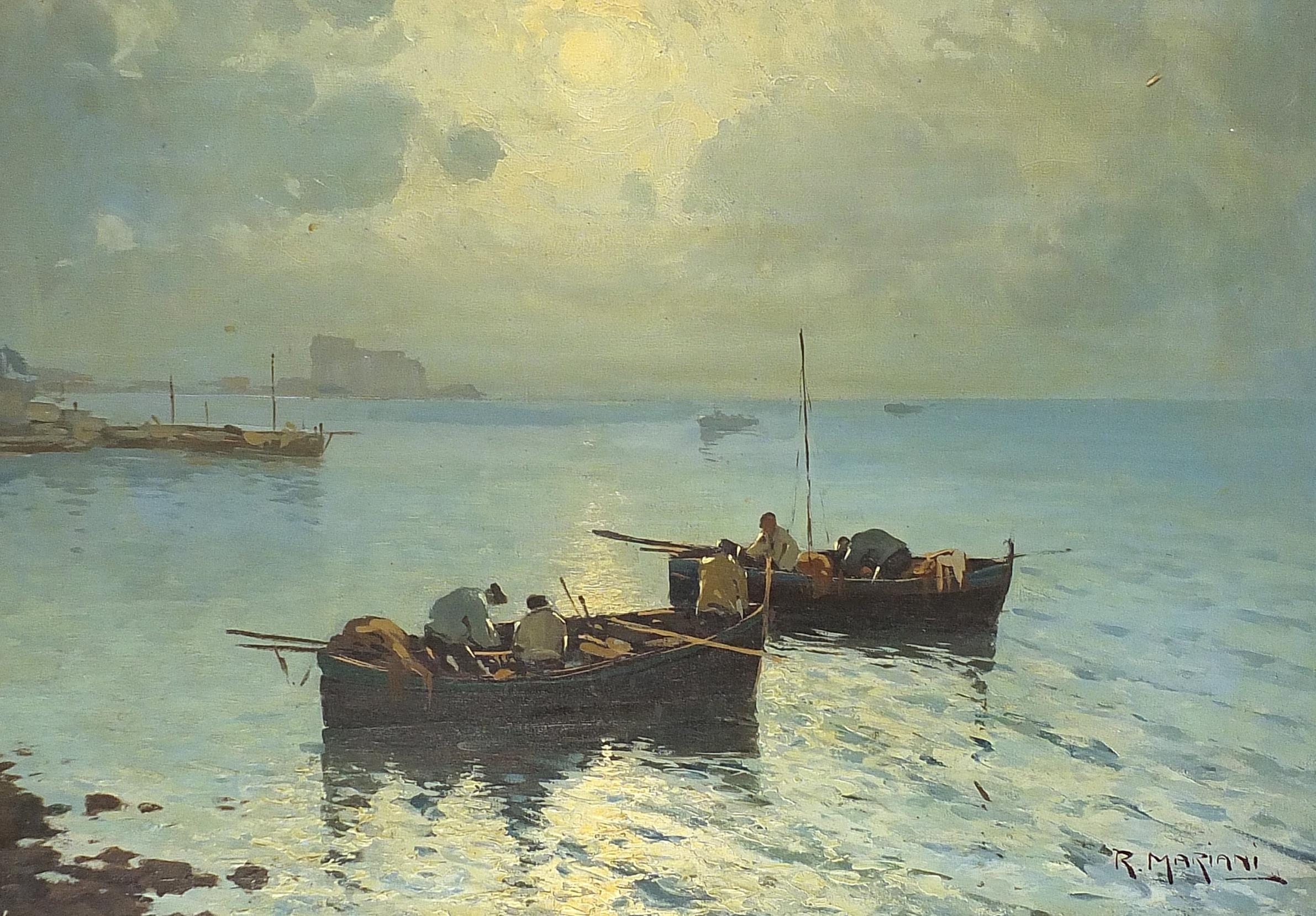 Artwork by R. Mariani, Figures in boats on water, Made of oil on canvas