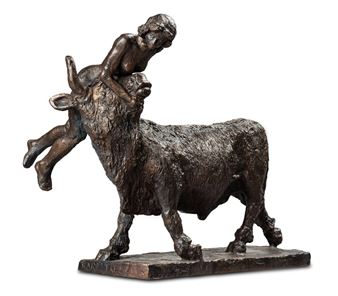A bronze sculpture of a bull rearing up with a figure riding its back.