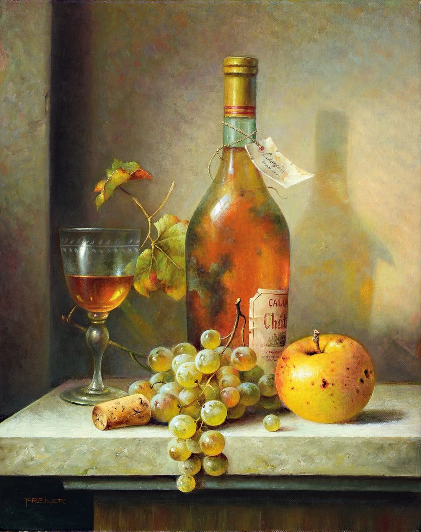Zoltan Preiner | still life with grapes and wine bottle | MutualArt