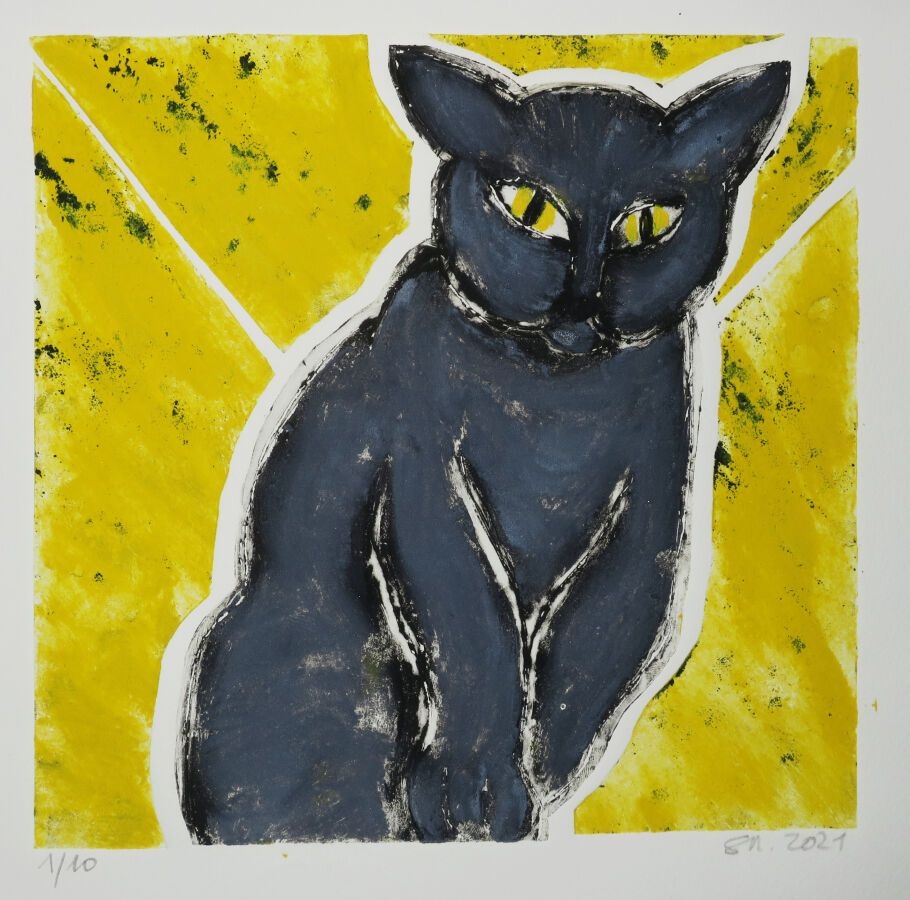 Artwork by Sophie Sainrapt, Cat with yellow eyes, Made of Etching printed in colors