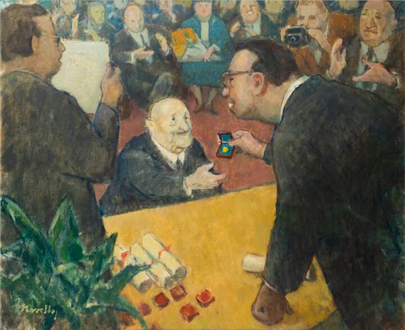 A lively scene of a proposal in a crowded room.