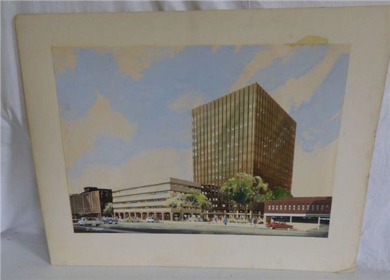 Architectural drawing of modernist office blocks by D. Fricker