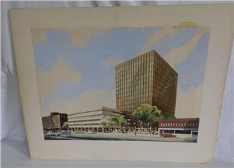 Architectural drawing of modernist office blocks - D. Fricker