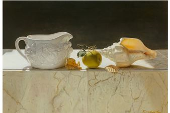 Still life with green apple, shell, and pitcher - Liu Yingzhao