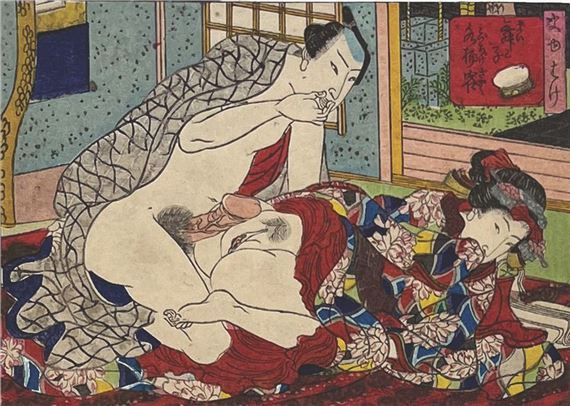 Ancient Japanese Gay Porn - Japanese School, 19th Century | An embracing couple, the one practicing the  first fruits of delights, the other one in the nature a port in the  distance, the woman resisting | MutualArt