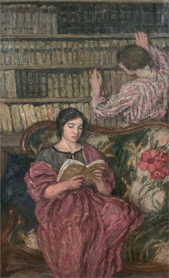 In the library, woman reading by Edmond-Francois Aman-Jean