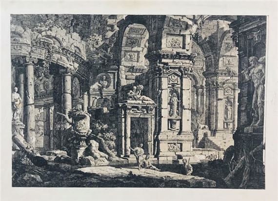 Architectural fantasy with statue of Hercules. by Pietro Gaspari, 1771 ca.