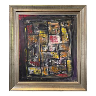 An abstract painting in a wooden frame featuring a grid of colorful, blocky shapes against a dark background.