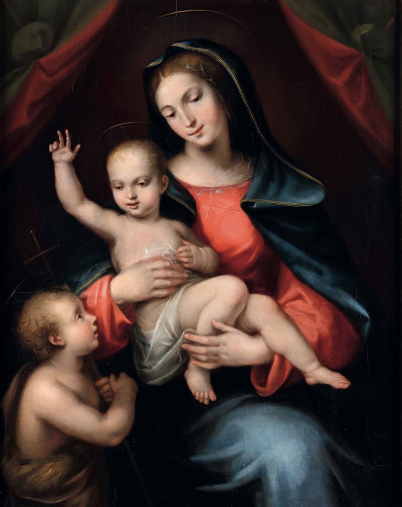 Artwork by Mariotto Albertinelli, Madonna col Bambino e San Giovannino, Made of Oil on panel