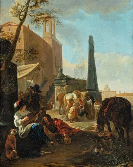 Caprice à l'obélisque avec une vue imaginaire de la Trinité des Monts à Rome by Hendrick Verschuring