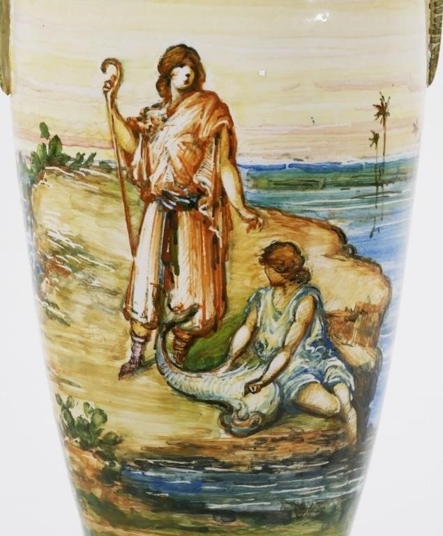 Artwork by Molaroni Pesaro, Italian Majolica Vase with snake handles