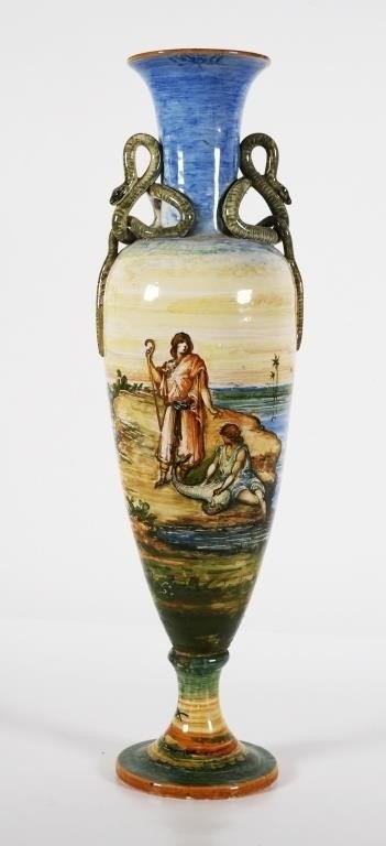 Artwork by Molaroni Pesaro, Italian Majolica Vase with snake handles