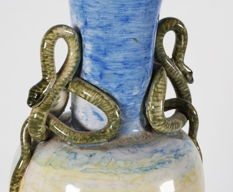 Artwork by Molaroni Pesaro, Italian Majolica Vase with snake handles