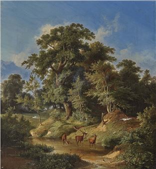 Tree landscape with deer and flying up heron - Julius Bakof