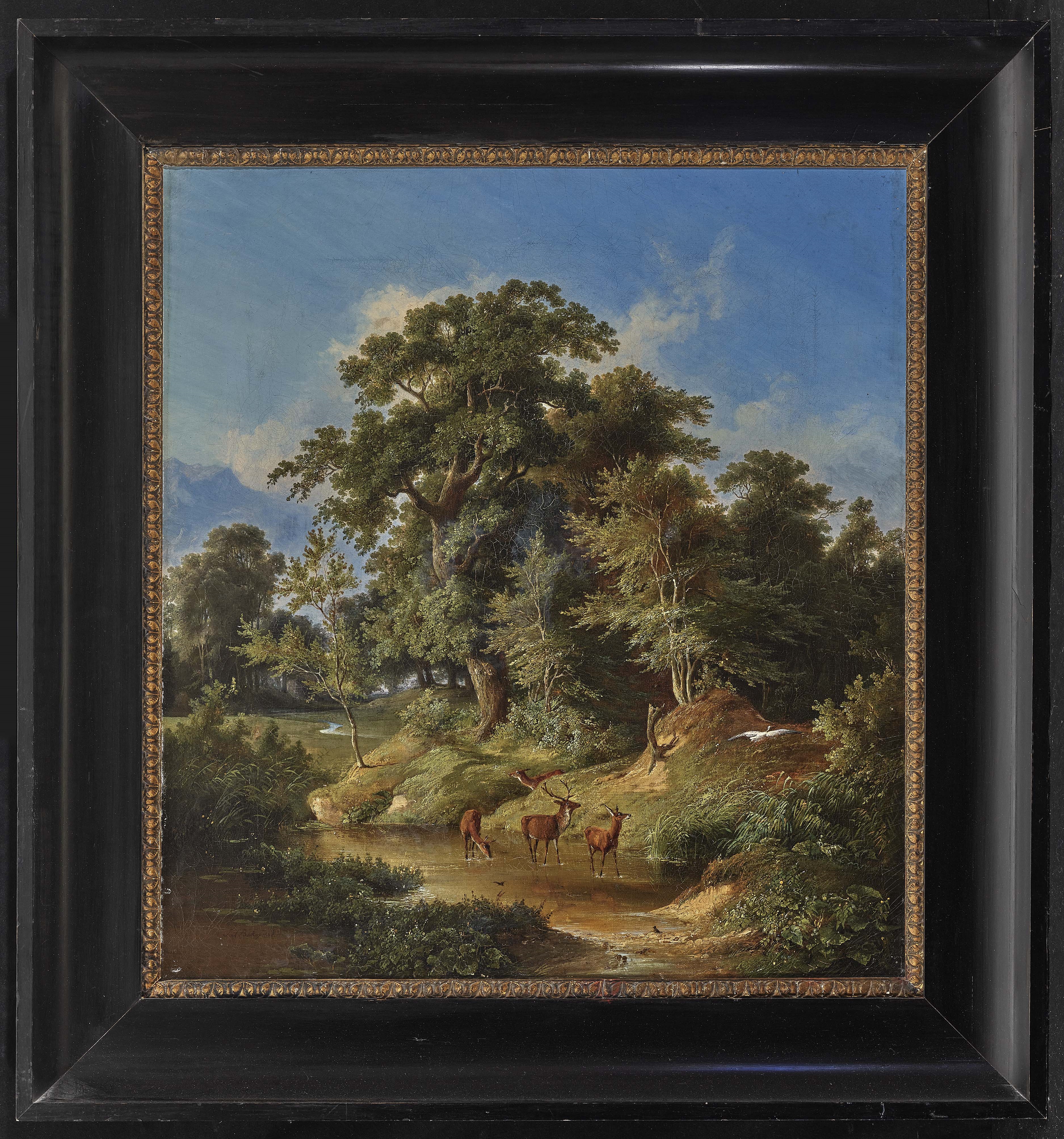 Artwork by Julius Bakof, Tree landscape with deer and flying up heron, Made of Oil on canvas