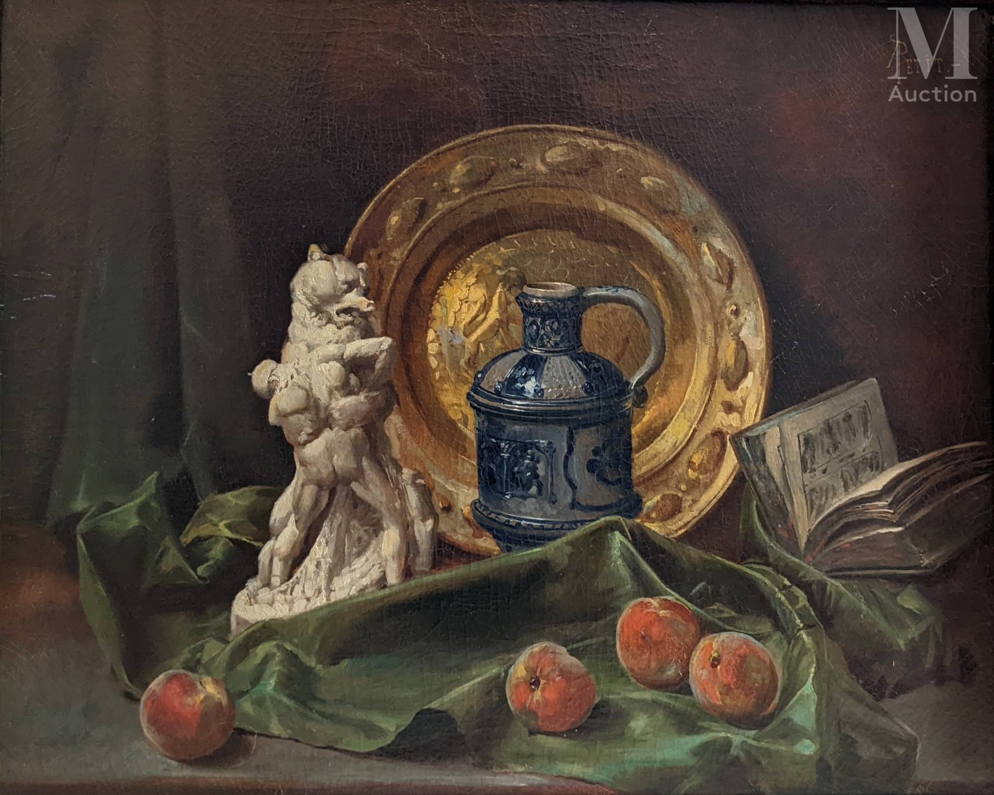 Artwork by A. Petit, Nature morte aux pêches et à la sculpture, Made of Oil on canvas