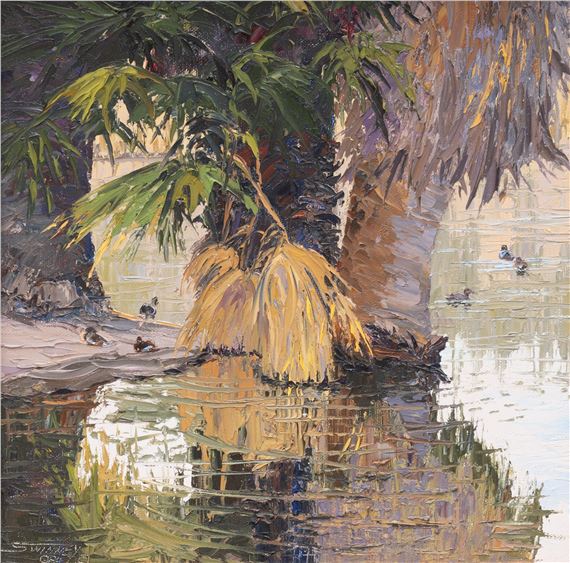 A textured oil painting of a palm tree and water with ducks, rendered in warm yellows and greens.