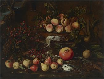 Still life with a pomegranate, peaches, pears, berries and game - Master S.B.