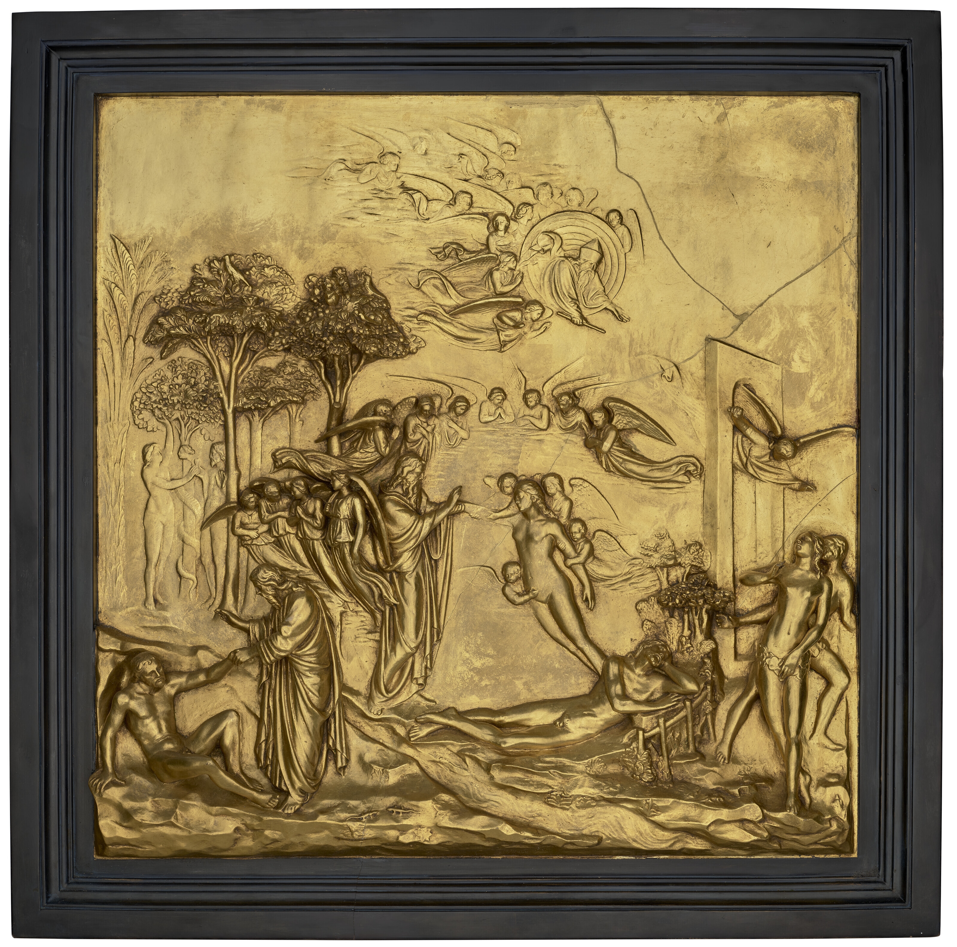 Artwork by Lorenzo Ghiberti, TWO ITALIAN GILT-RESIN RELIEF PANELS FROM THE GATES OF PARADISE, Made of GILT-RESIN