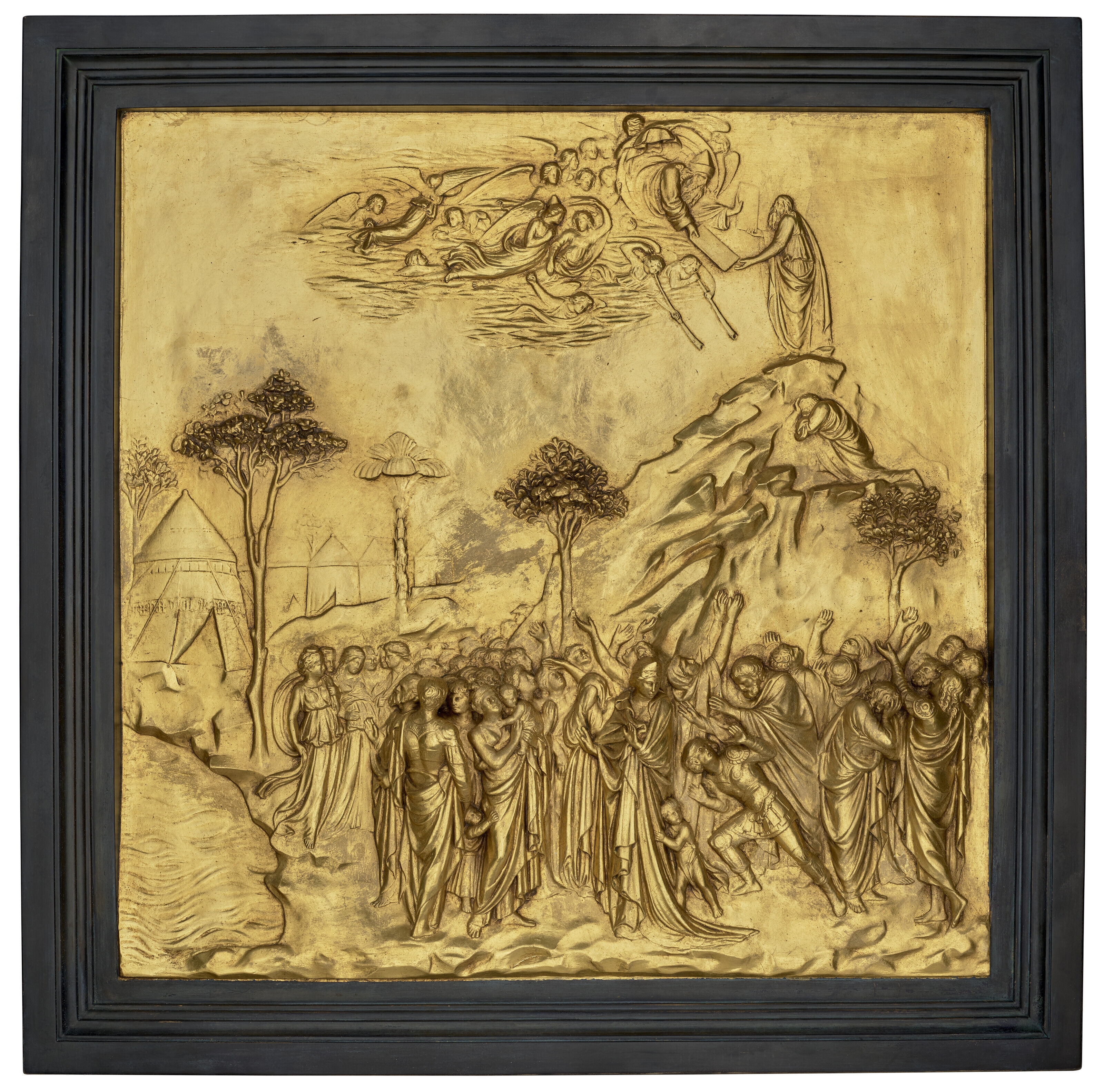 Artwork by Lorenzo Ghiberti, TWO ITALIAN GILT-RESIN RELIEF PANELS FROM THE GATES OF PARADISE, Made of GILT-RESIN