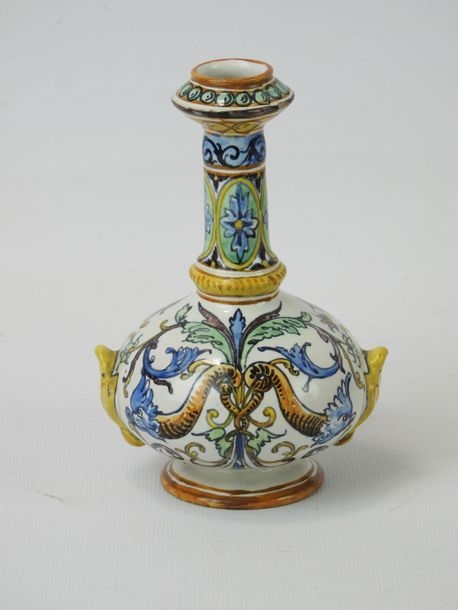 Artwork by Ulysse Besnard, Small earthenware vase of ovoid form on pedestal with high soliflore neck decorated with two polychrome birds on white background, Made of earthenware